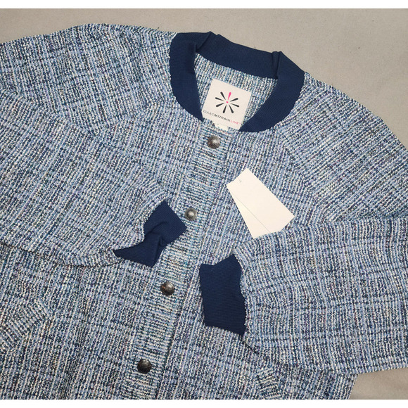 Isaac Mizrahi Live! Women's Boucle Tweed Bomber Jacket Royal Navy Sz L - NEW - Picture 1 of 7